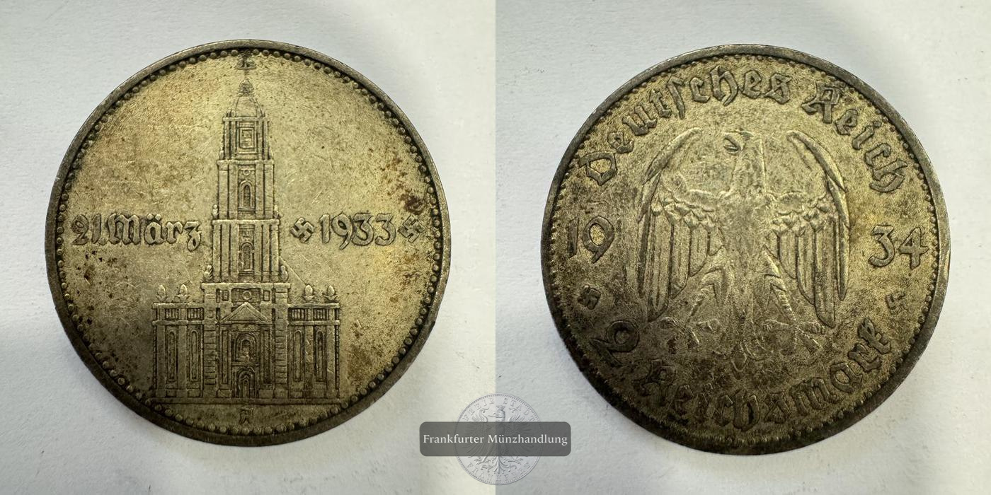  Dt. Reich 2 Reichsmark 1934 'A' Garnisonkirche Potsdam FM-Frankfurt KM#81 Feinsilber: 5g   