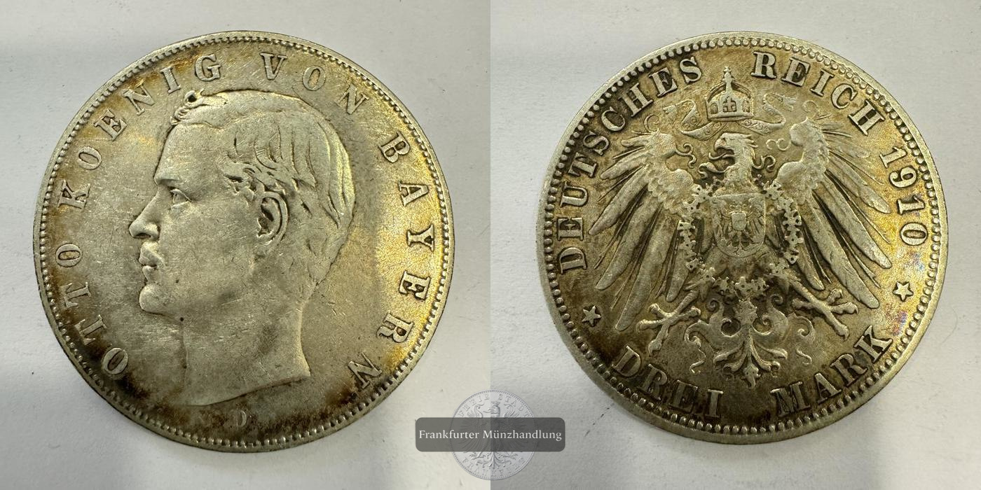  Dt. Kaiserreich Bayern 3 Mark 1910 Otto 'D' FM-Frankfurt KM#996 Feinsilber: 15g   