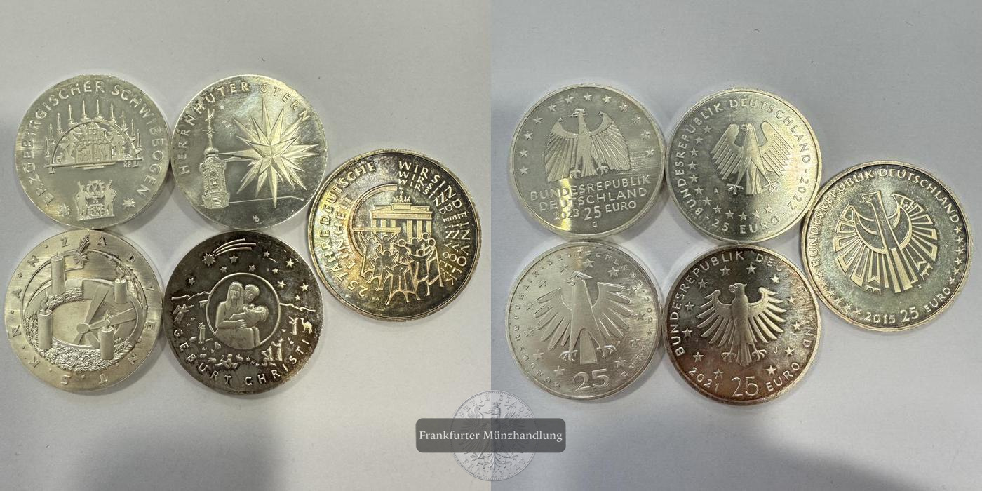  DE 5x 25 Euro Silbermünzen div. Jg. und Motive FM-Frankfurt Feinsilber: 106g   