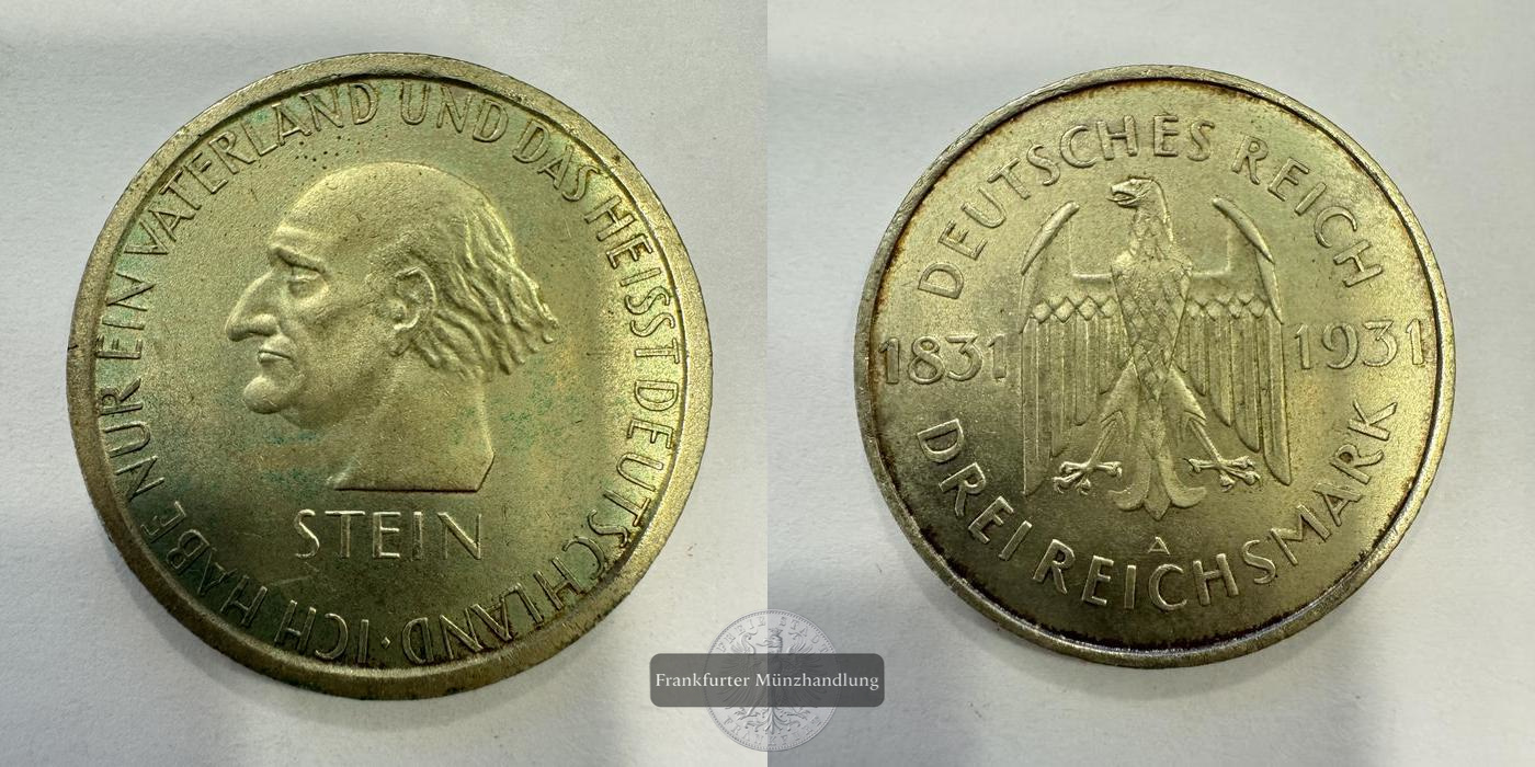  DE Weimarer Rep. 3 Reichsmark (Freiherr vom Stein) 1931 FM-Frankfurt KM#73 Feinsilber: 7,5g   