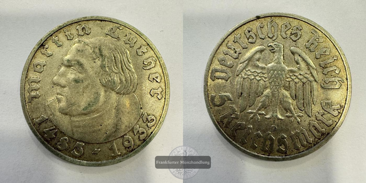  Dt. Reich 5 Reichsmark (Martin Luther) 1933 D FM-Frankfurt KM#80 Feinsilber: 12,5g   