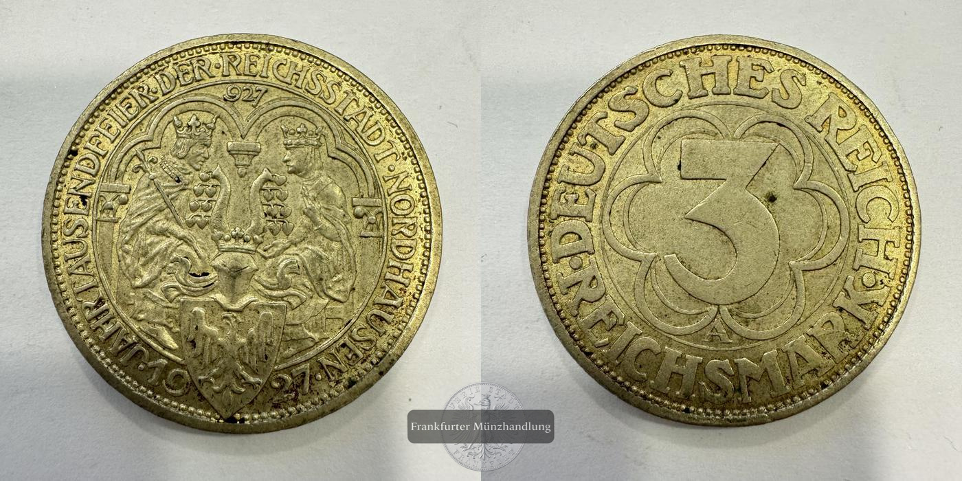  DE Weimarer Rep. 3 Reichsmark (Nordhausen) 1927 FM-Frankfurt KM#52 Feinsilber: 7,5g   
