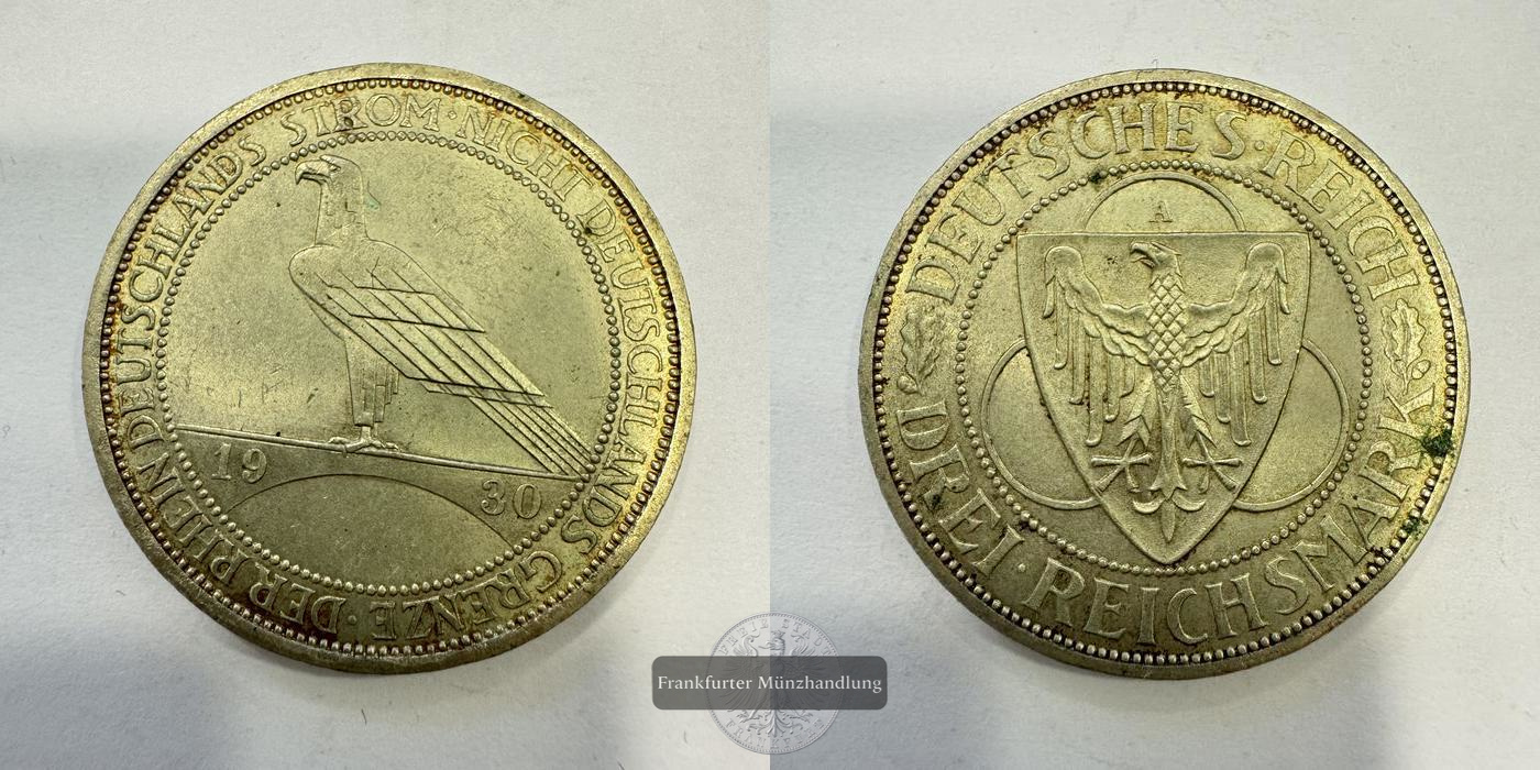  DE Weimarer Rep. 3 Reichsmark (Liberation of Rhineland) 1930 'A' FM-Frankfurt KM#70 Feinsilber: 7,5g   