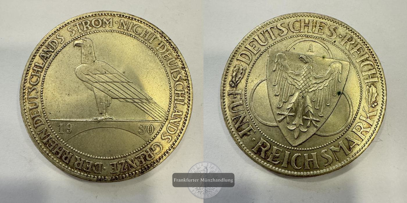  DE Weimarer Rep. 5 Reichsmark (Liberation of Rhineland) 1930 'A' FM-Frankfurt KM#71 Feinsilber:12,5g   