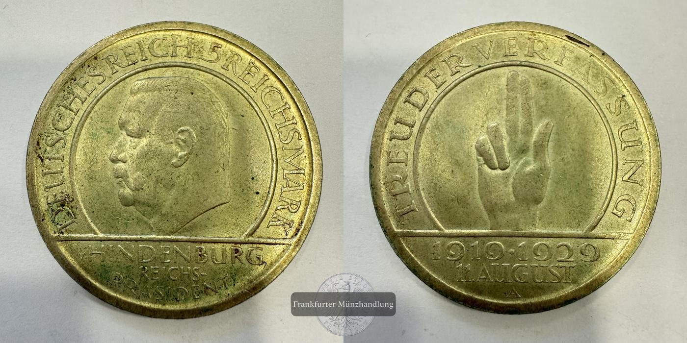  DE Weimarer Rep. 5 Reichsmark (Weimar Constitution) 1929 'A' FM-Frankfurt KM#64 Feinsilber: 12,5g   
