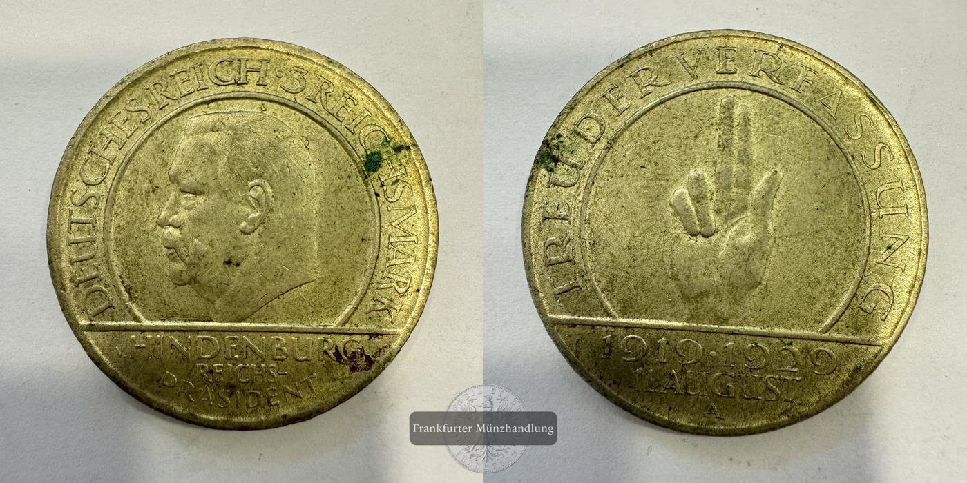  Weimarer Republik  3 Reichsmark 1929 'A' Reichsverfassung  FM-Frankfurt KM#63 Feinsilber: 7,5g   
