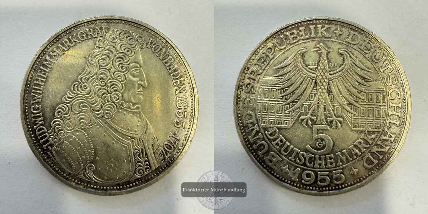  Deutschland 5 Deutsche Mark 1955 'G' Markgraf von Baden FM-Frankfurt KM#115 Feinsilber: 7g   