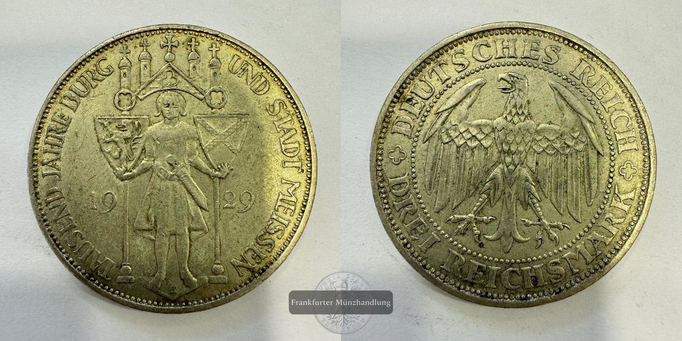  DE Weimarer Rep. 3 Reichsmark (Meissen) 1929 'E' FM-Frankfurt KM#65 Feinsilber: 7,5g   