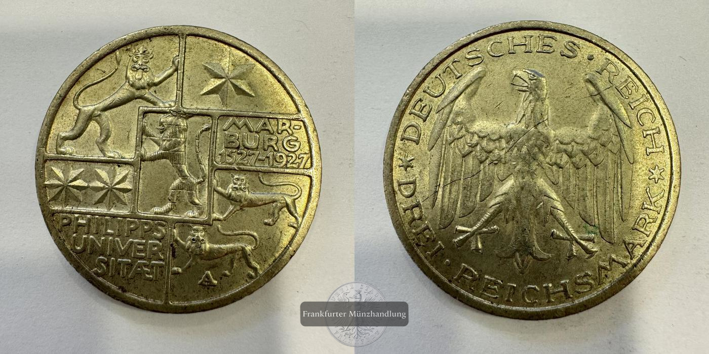  DE Weimarer Rep. 3 Reichsmark (University in Marburg) 1927 'A' FM-Frankfurt Feinsilber: 7,5g   