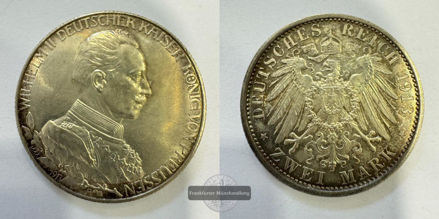  Deutsches Kaiserreich 2 Mark 1913 'A' Wilhelm II FM-Frankfurt KM#533 Feinsilber: 10g   