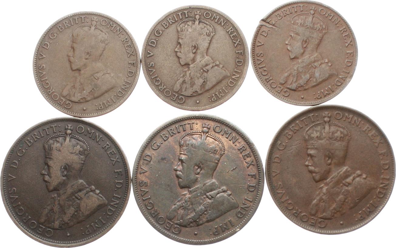  Australien, Georg V., Lot von 6 Kupfermünzen ab 1911, siehe Bilder!   