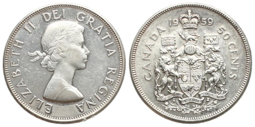  Canada: Elisabeth II., 50 Cents 1959, Silber, Top-Erhalung! siehe unten!   