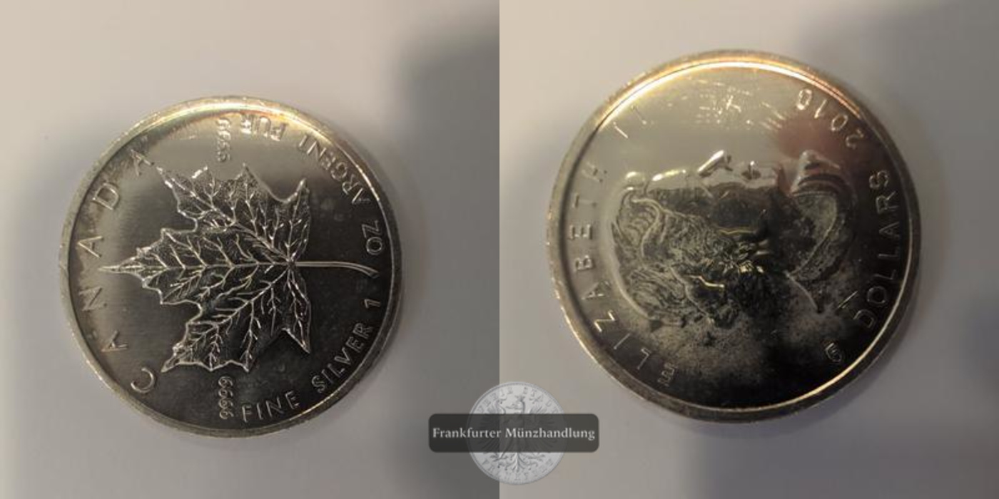  Canada 5 Dollars Elizabeth II 2010 Maple Leaf, FM-Frankfurt Feinsilver 31,1g   