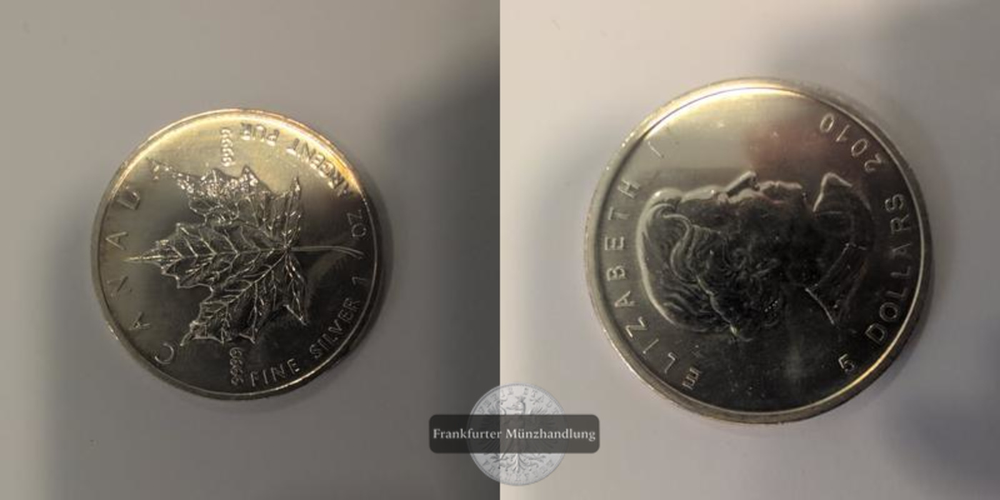  Canada 5 Dollars Elizabeth II 2010 Maple Leaf, FM-Frankfurt Feinsilver 31,1g   