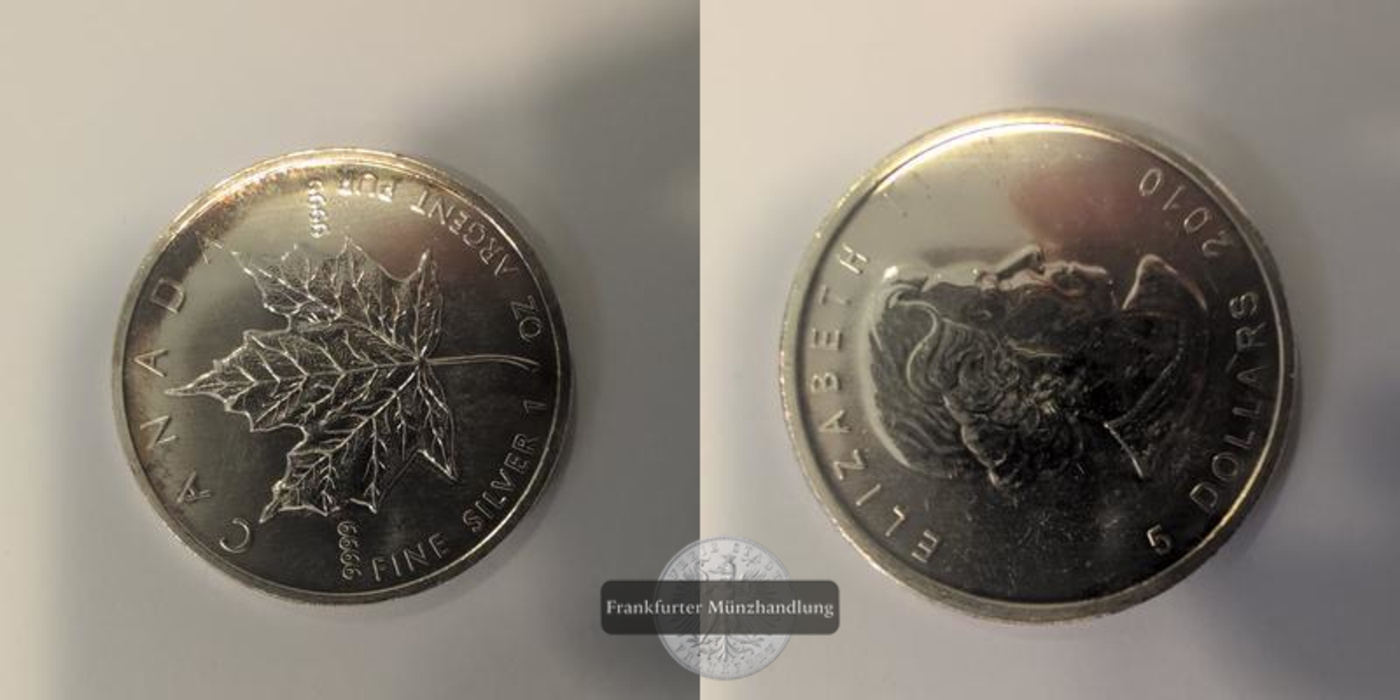  Canada 5 Dollars Elizabeth II 2010 Maple Leaf, FM-Frankfurt Feinsilver 31,1g   