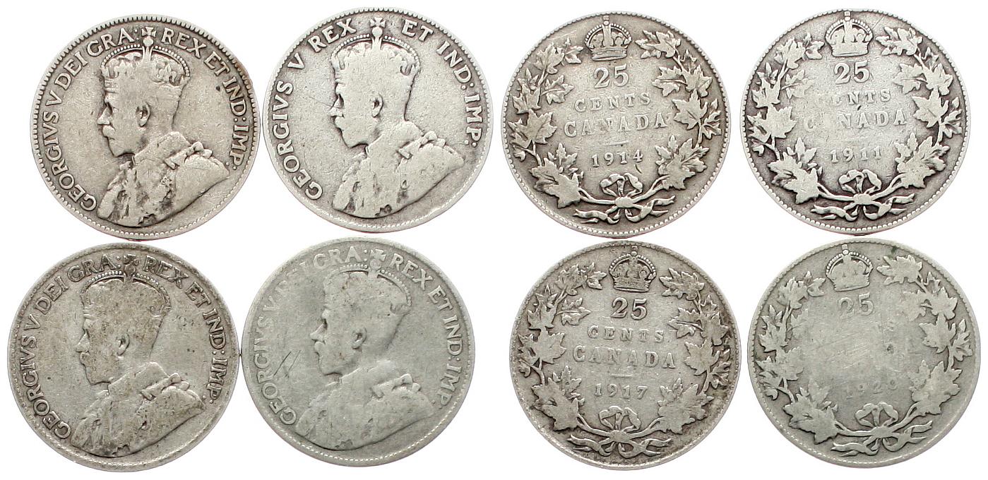  Canada: Georg V., wertvolles Lot von 4 x 25 Cent in Silber, siehe unten!   