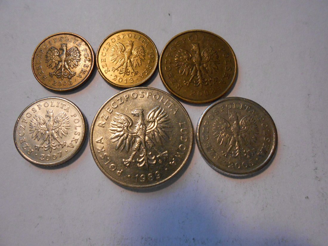  hn48 /Polen, 6er Lot, 1 Grosz 2002 2013, 5 Groszy 2002, 10 Groszy, 20 Groszy 2007, 20 Złotych 1989   