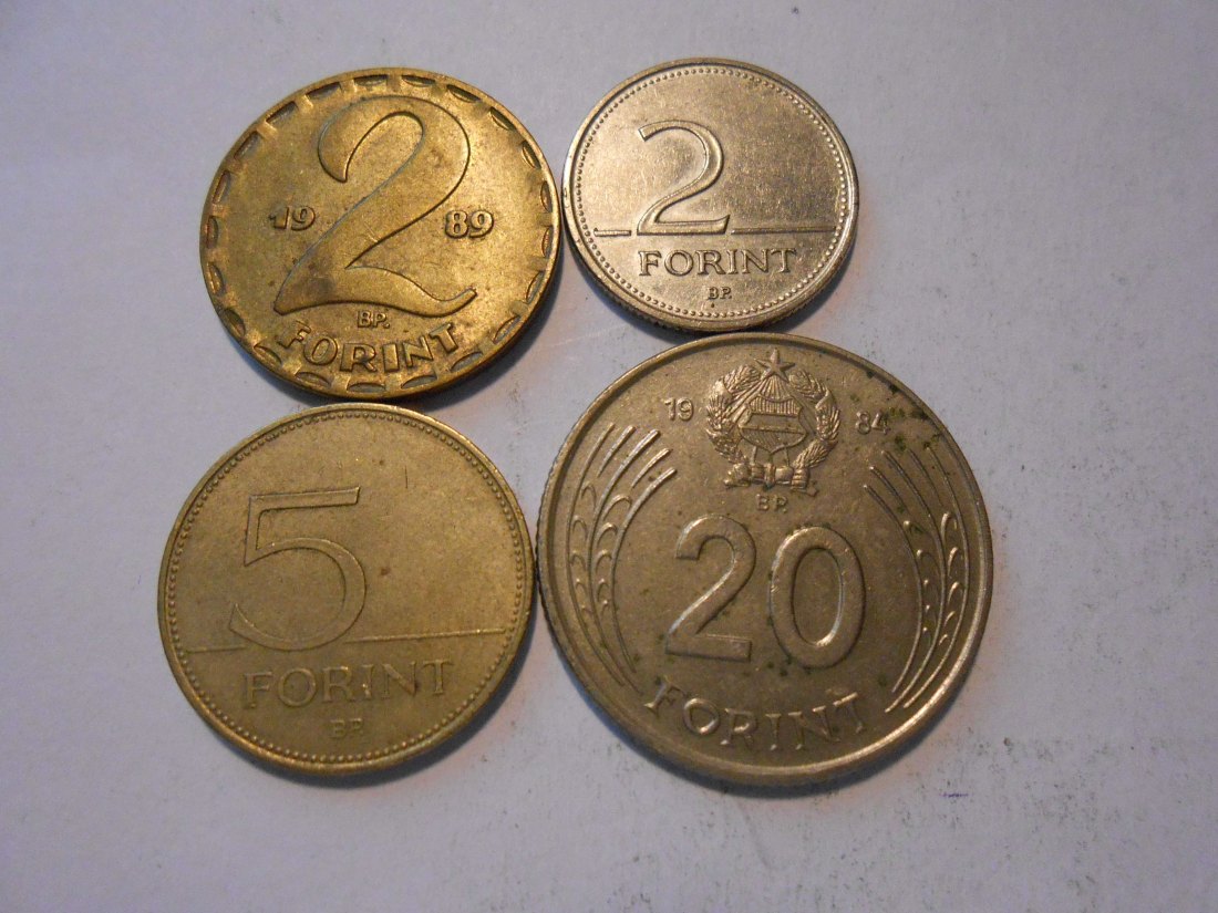 hn50 /Ungarn, 4er Lot, 2 Forint 1989, 2 Forint 1997, 5 Forint 2000 und 20 Forint 1984