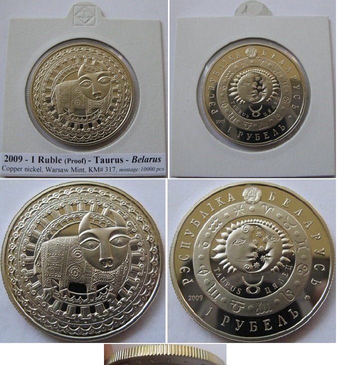  2009,  Weißrussland, 1 Rubel - Stier, Polierte Platte, Auflage: 10000 Stk   