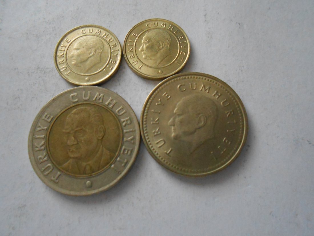  hn73 /Türkei, 4er Lot, 5 Kuruş 2011 2019(KM# 1240), 1 Lira 2005(KM# 1169), 1000 Lira 1994(KM# 997)   