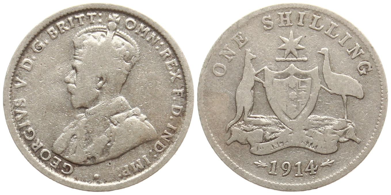  Australien: Gerorg V., 1912-1937, 1 Shilling 1914, Silber, siehe unten!   