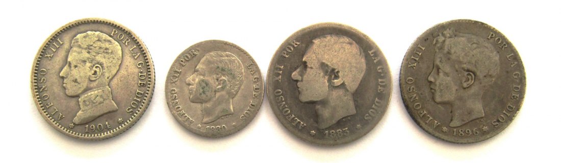  Spanien: wertvolles Lot von 4 Silbermünzen ab 1880, näheres unten!   