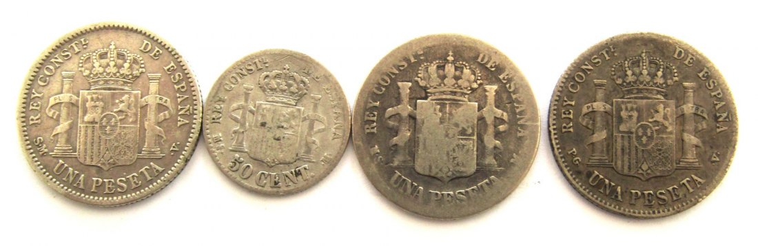  Spanien: wertvolles Lot von 4 Silbermünzen ab 1880, näheres unten!   