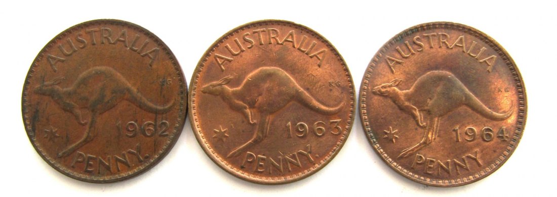  Australien: Elisabeth II., Lot von 3 x 1 Penny 1961, 1962 & 1963   