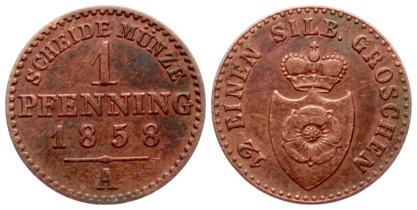  Lippe, Grafschaft: Paul Friedrich Emil Leopold 1851-1875,  1 Pfennig 1858 A  fvz   