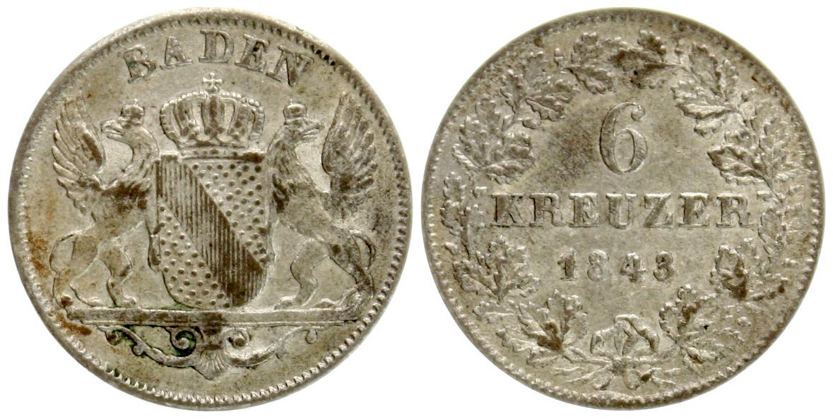  Baden: Leopold, 1830 - 1852, 6 Kreuzer 1843,  ss-vz   