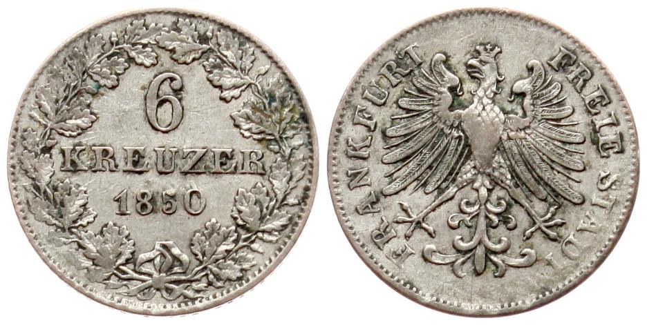  Frankfurt, Stadt: 6 Kreuzer 1850, Silber!   