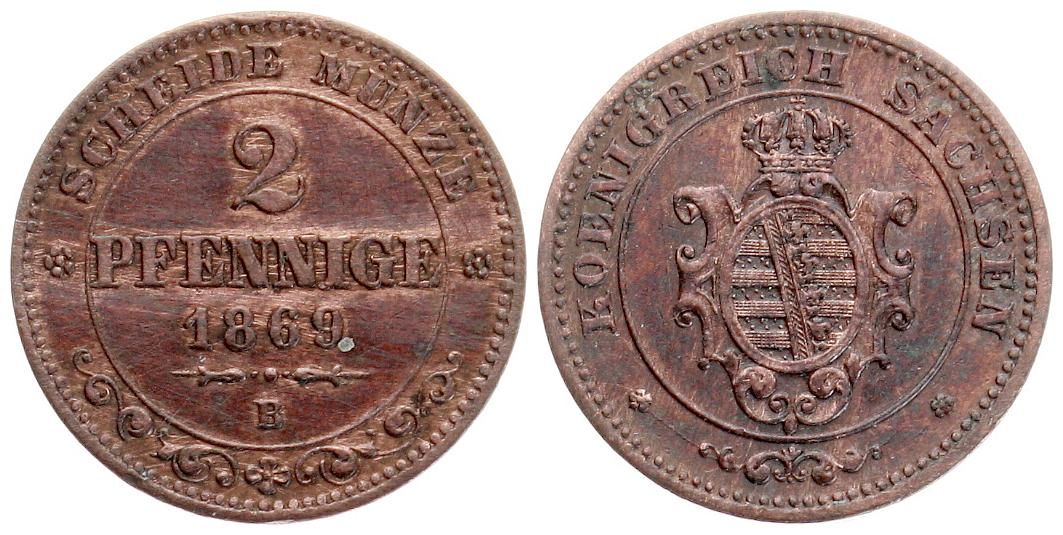  Sachsen: Johann, 1854-1873, 2 Pfennige 1869 E, TOP-Erhaltung!   