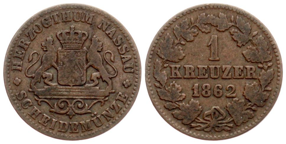  Nassau,Herzogtum: Adolph, 1839-1866, 1 Kreuzer 1862   