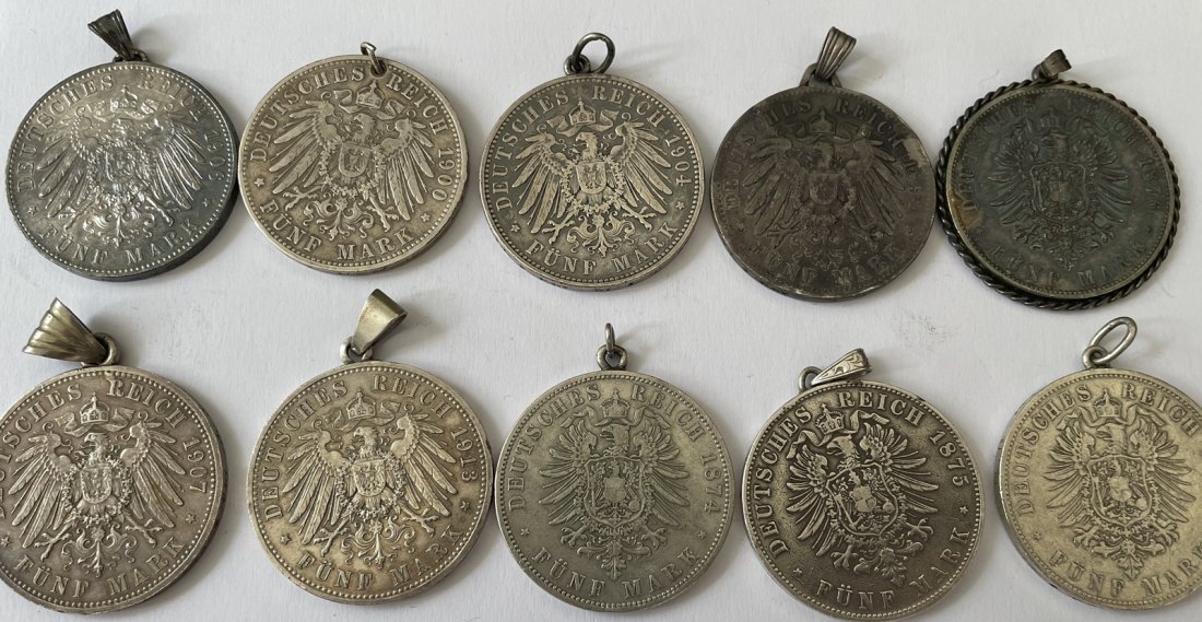  10x 5 Mark, Kaiserreich, Bremen+Hamburg+Bayern.., gehenkelt   