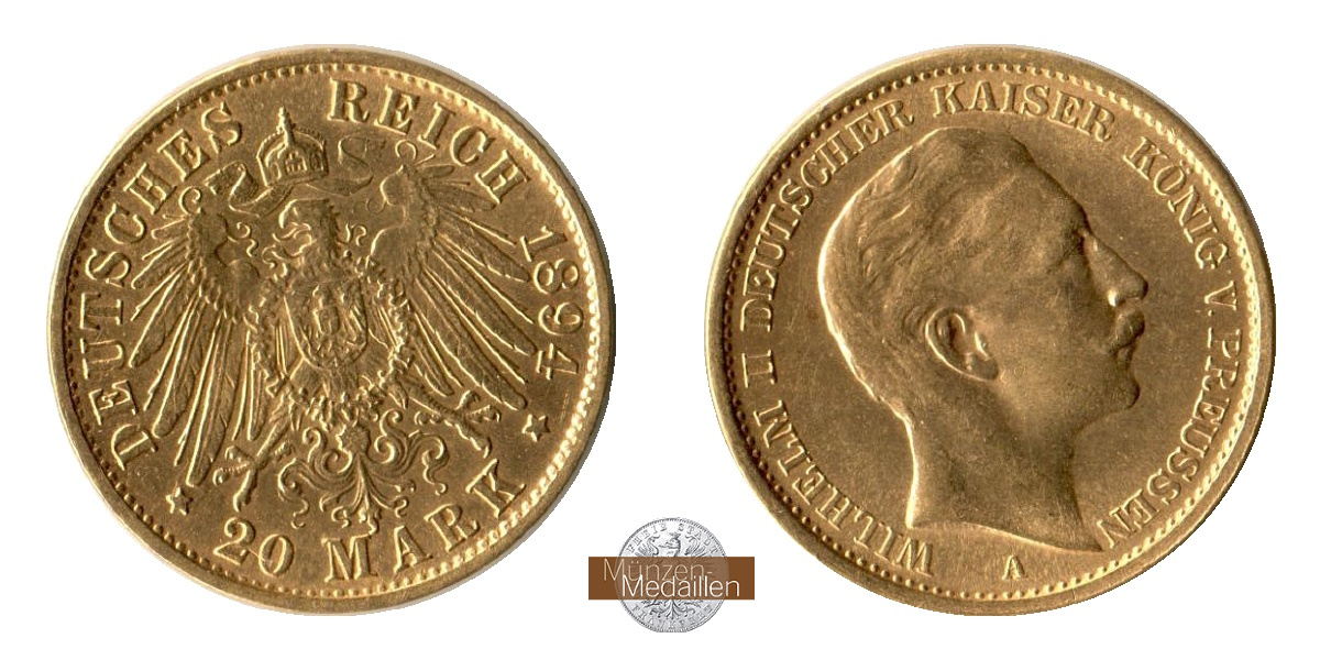 Preussen, Kaiserreich  20 Mark MM-Frankfurt Feingold: 7,17g Wilhelm II. 1891-1918 1894 A 