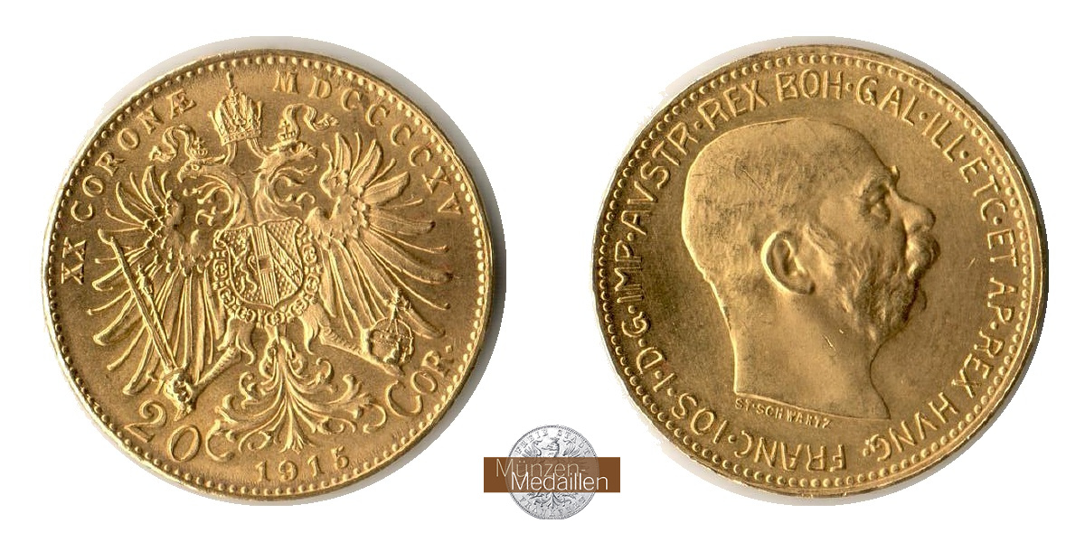  Österreich, Franz Joseph I.  20 Kronen 1915 NP.  MM-Frankfurt KM#2818 Feingold: 6,1g   