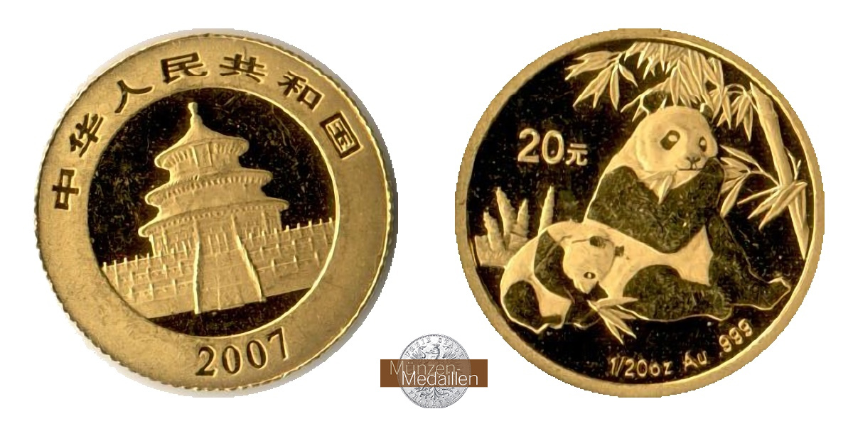 China  20 Yuan  2007 MM-Frankfurt Feingold: 1,56g Two Pandas  