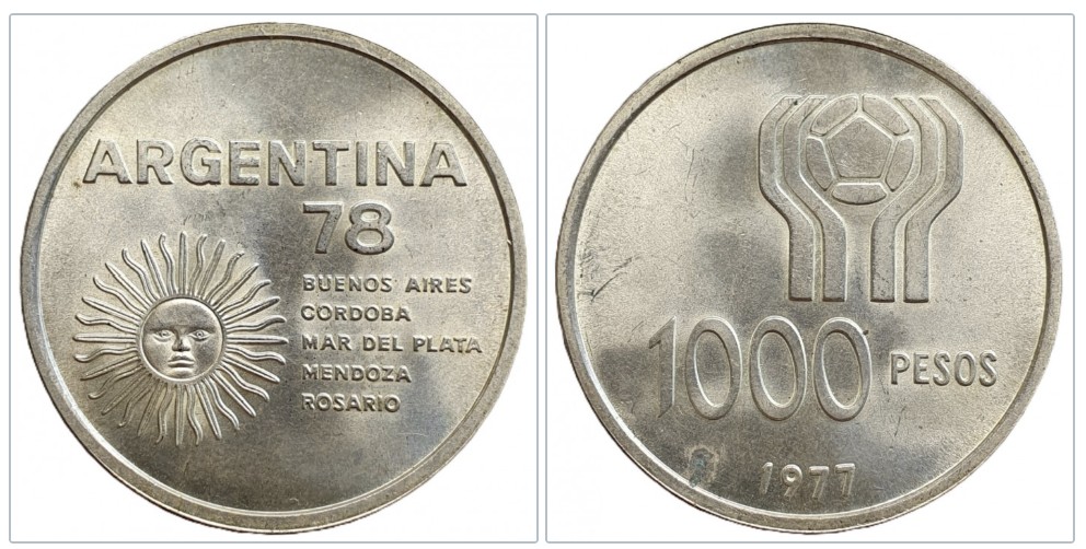  Argentinien  1000 Pesos, 1977 Fußball-Weltmeisterschaft, Argentinien 1978 Silber 9g fein   