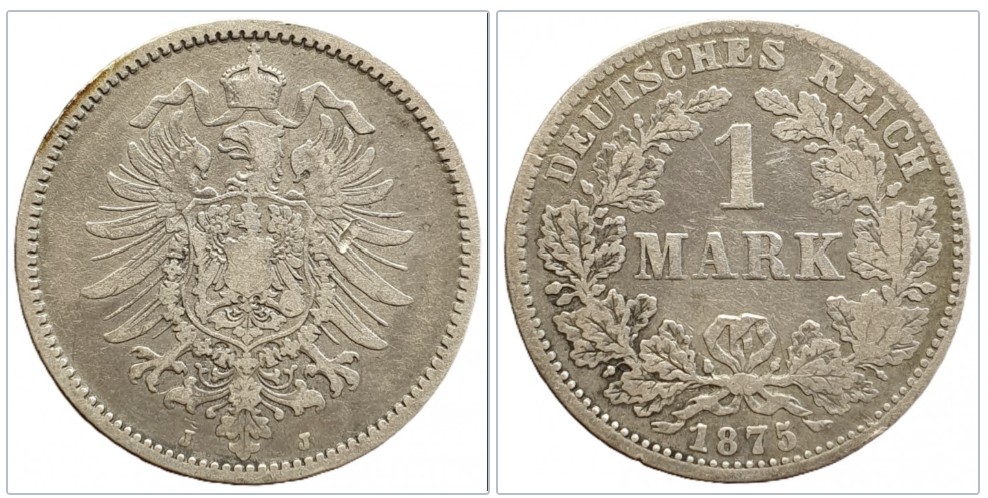  Deutschland 1 Mark, 1875 Münzzeichen: J - Hamburg Silber 5g fein   