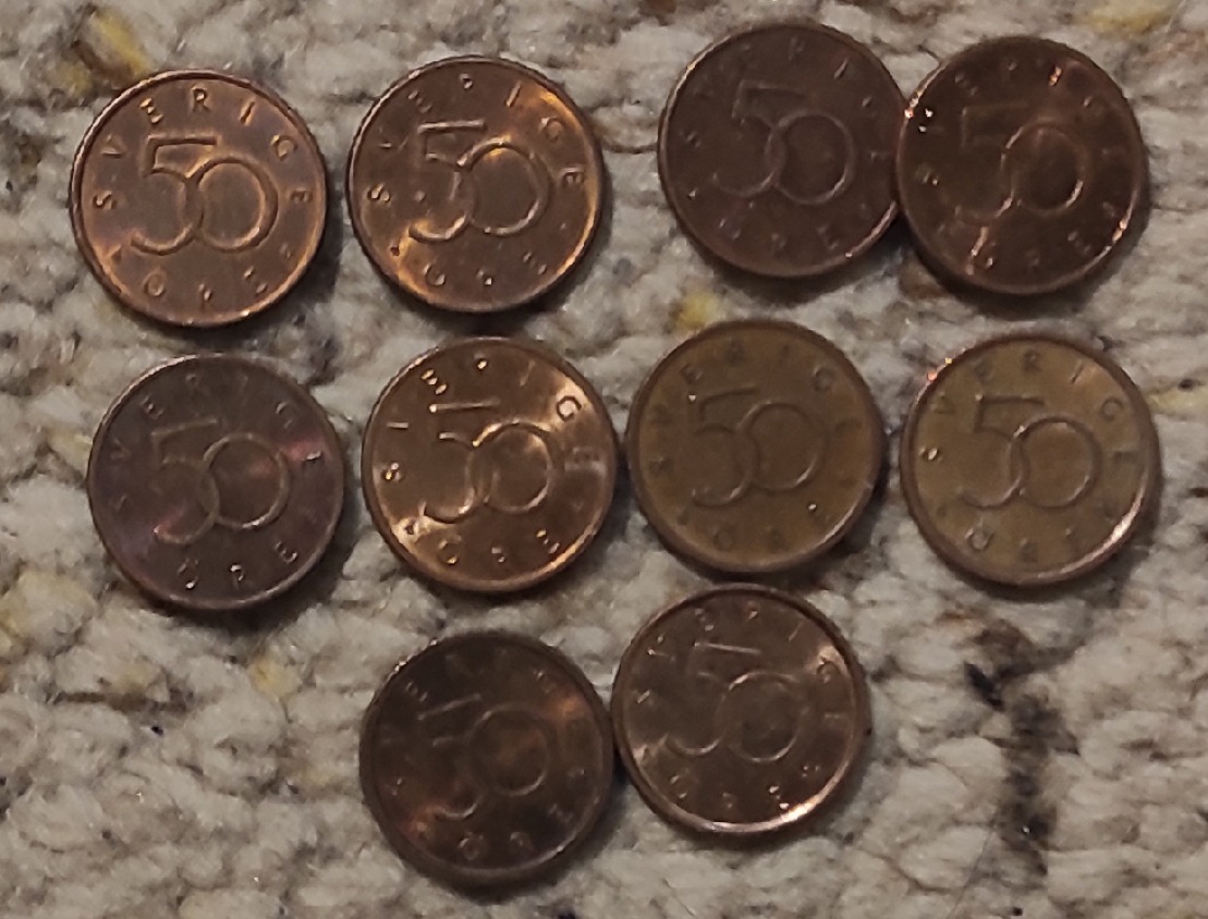  Set 087: Schweden Münzlot mit 10 x 50 Öre Stücken mit verschiedenen Jahrgängen   