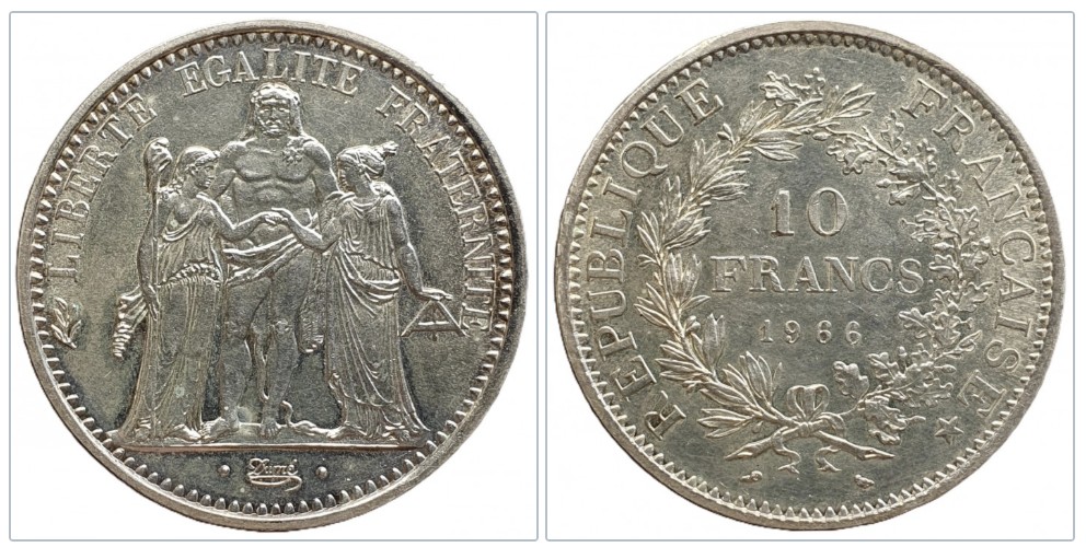  Frankreich 10 Francs 1966 – Herkulesgruppe – Silbermünze   