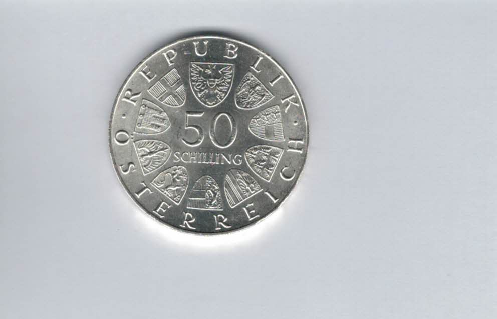  50 Schilling 1973 Bummerlhaus in Steyr 500 Jahre Ag/18g fein Österreich Spittalgold9800 (4584/14)   
