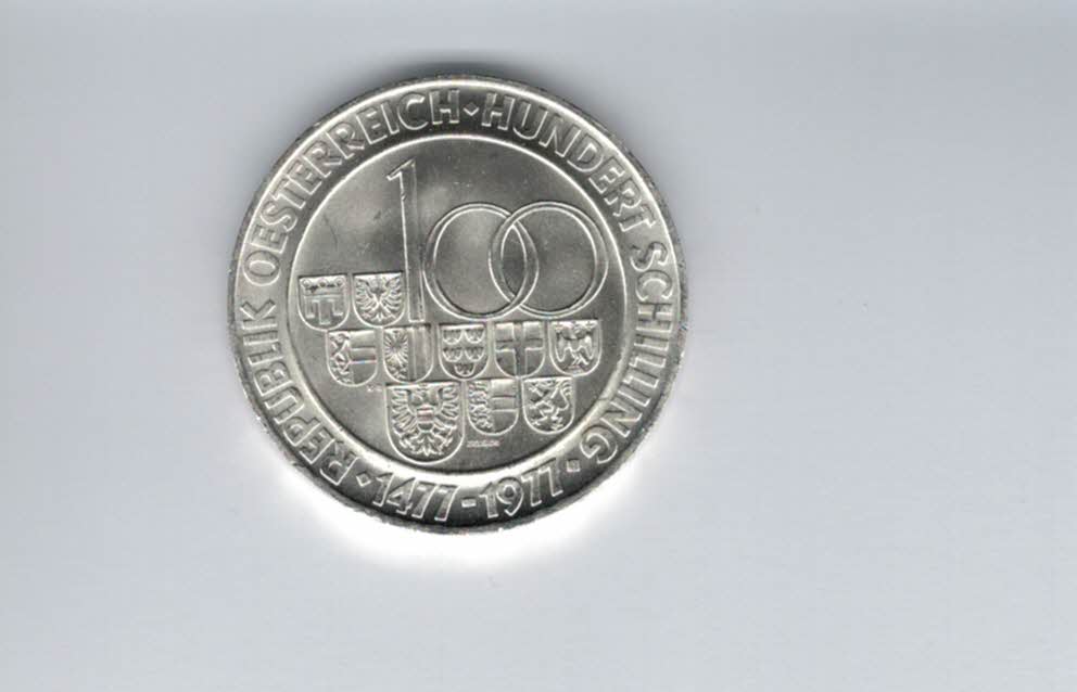  100 Schilling 1977 500 Jahre Münzstätte Hall/Tirol 15,36g fei Ag Österreich Spittalgold9800 01914/16   