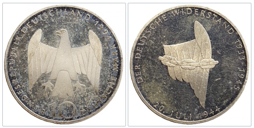 Deutschland 10 Mark, 1994 Der deutsche Widerstand 20. Juli 1944 Silber 9,69g fein