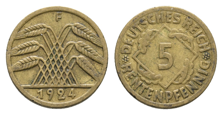  Deutsches Reich; Weimarer Republik; 5 Rentenpfennig 1924 F   
