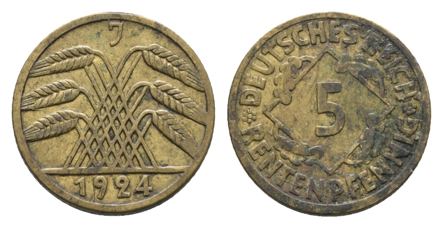  Deutsches Reich; Weimarer Republik; 5 Rentenpfennig 1924 J   