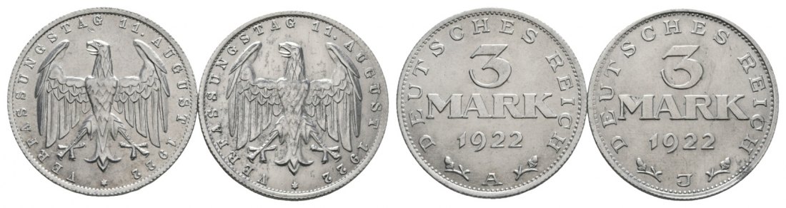  Deutsches Reich; Weimarer Republik; 2x 3 Mark 1922 A & J   