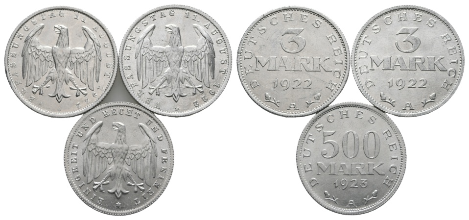  Deutsches Reich; Weimarer Republik; 3x 3 Mark 1922 A   