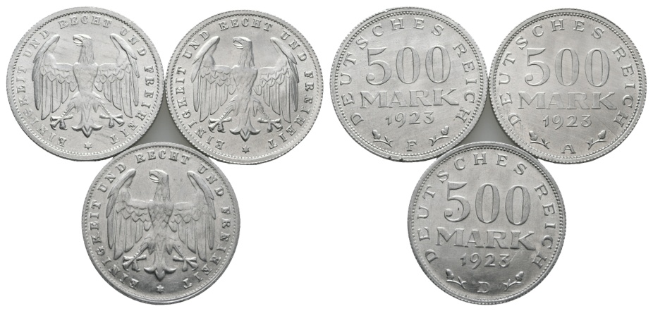  Deutsches Reich; Weimarer Republik; 3x 500 Mark 1923 A & D & F   