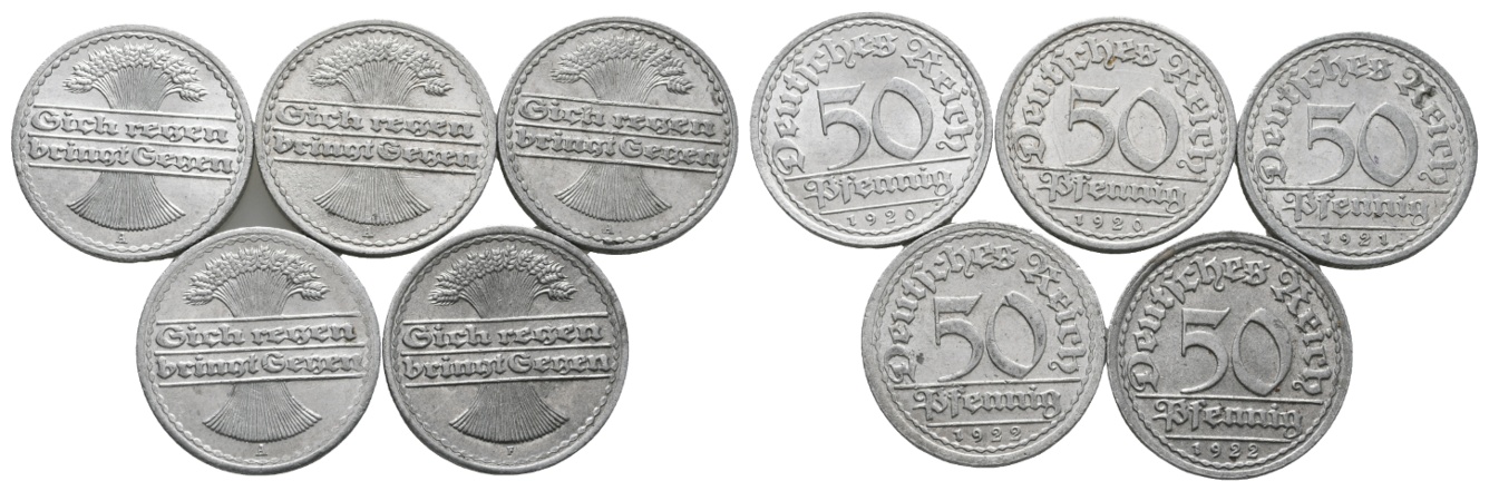  Deutsches Reich; Weimarer Republik; 5x 50 Pfennig 1920/1921/1922   